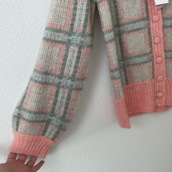 Love Shack Fancy Jeeves Plaid Button Down Wool Cardigan NWT Small Pink Preppy - Picture 2 of 10
